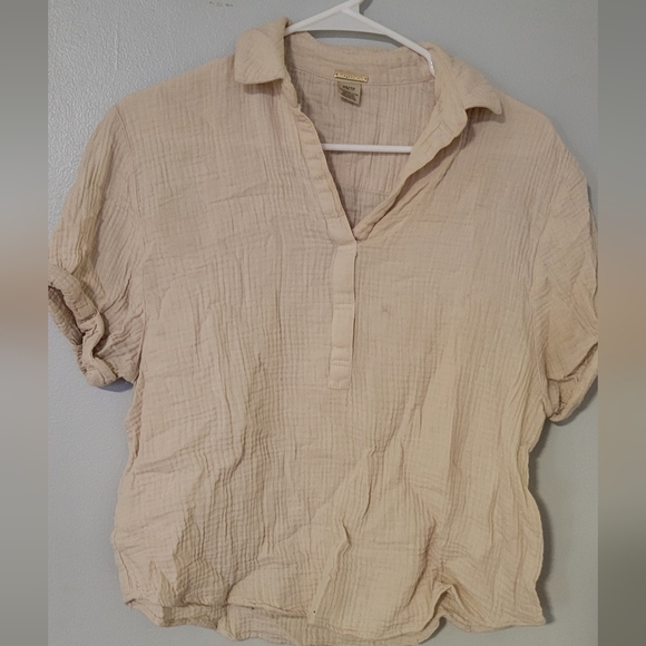 Tops - Beige Textured Short Sleeve Blouse Linen Magaschoni Shirt Size Xs